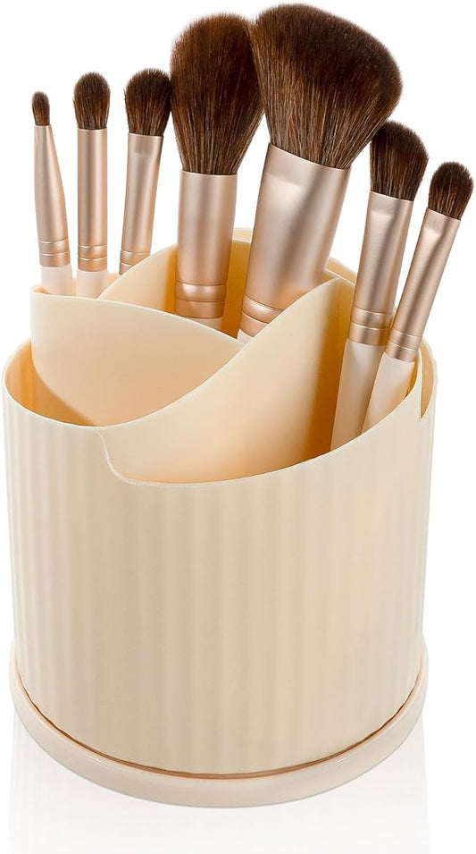 360 Rotating Makeup Brush Holder Organizer 5 Slots Make Up Brushes Cup, Beige