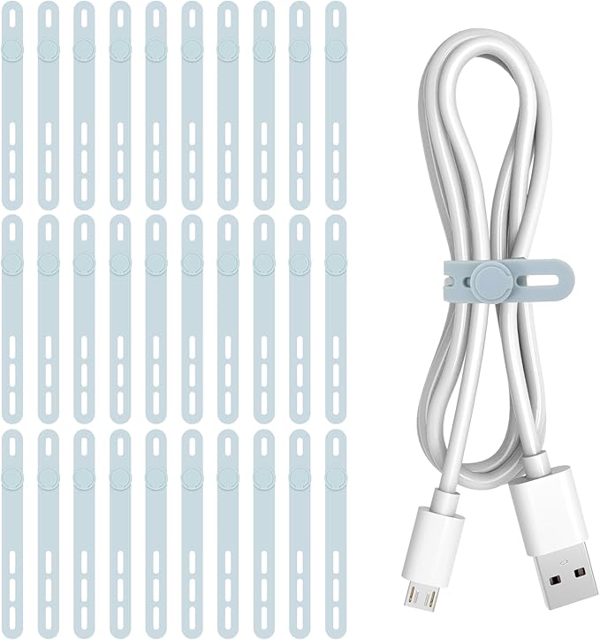 Donruby 30Pcs Silicone Cable Ties - Reusable & Washable with Adjustable Locking Buckles, High Elasticity Cable Management Straps for Home, Office, School, Travel Essential Cord Organizer (Blue)