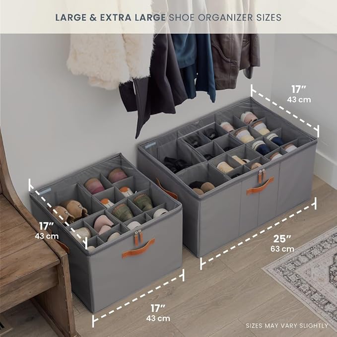 Large Shoe Storage Bin for Closet, Shoe Organizer Box Fits up to 16 Pairs, Grey