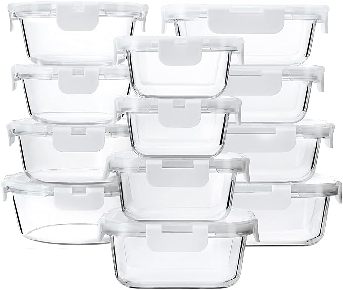 24-Piece Glass Food Storage Containers with Upgraded Snap Locking Lids,Glass Meal Prep Containers Set - Airtight Lunch Containers, Microwave, Oven, Freezer and Dishwasher,White