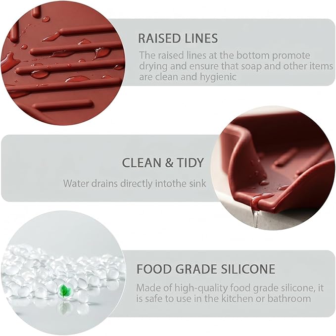 MicoYang Silicone Soap Dish with Drain Spout — Self-Draining Sink Organizer Tray for Bathroom & Kitchen, Holds Bar Soap, Sponges & Dispensers, Non-Slip & Dishwasher Safe, Red (Small, 4.9"×3.2")