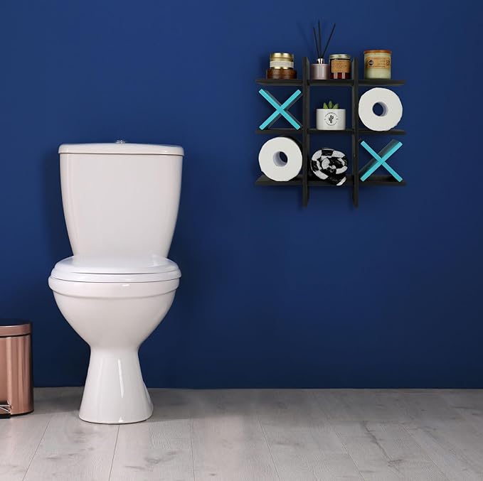 Weysat Tic Tac Toe Toilet Paper Holder Stand Bathroom Wall Decor Rustic Wooden Hanging Storage Freestanding Wall Mounted Shelves Decor for Toilet Tissue Farmhouse