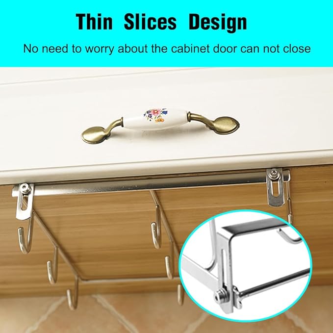 Mug Holder Under Cabinet for 1.18"- 1.96" Thickness Cabinet Base, 9 Hooks Cup Organizer Hanging Coffee Mug Rack Tea Cup and Utensil Hooks Drilling Free Mug Hanger Under Shelf