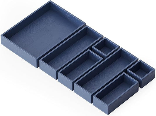 7-Piece Bamboo Drawer Organizer Storage Boxes Set, 7 Pack, Navy Blue