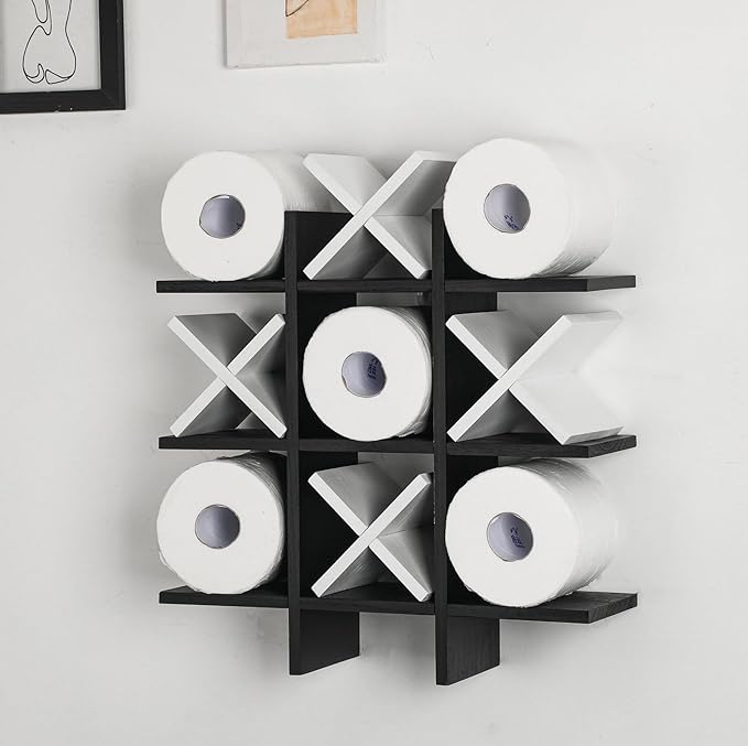 Weysat Tic Tac Toe Toilet Paper Holder Stand Bathroom Wall Decor Rustic Wooden Hanging Storage Freestanding Wall Mounted Shelves Decor for Toilet Tissue Farmhouse