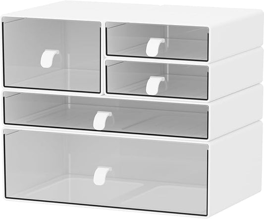 Desk Organizer Set, White & Clear Stackable Dustproof Storage Boxes for Desktop