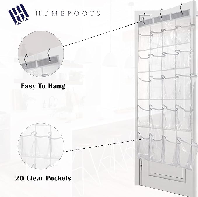 HomeRoots 2 Pack Minimalist Clear Over the Door Organizer with 20 Pockets, Over Door Organizer for Pantry, Bathroom, Closet Storage Door Organizer for Shoes and Toys