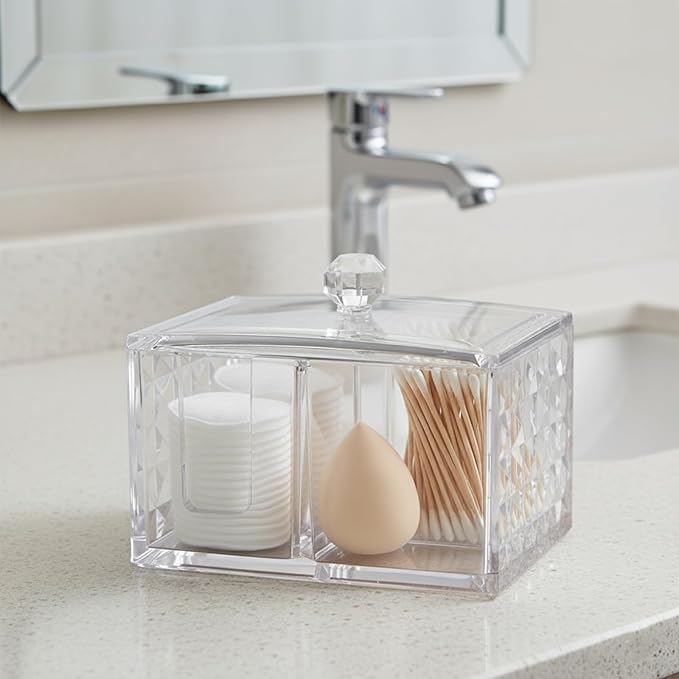 Cotton Swab Holder - Compact Bathroom Canister with Lid and 3 Compartments for Organizing Cotton Ball, Swab, Pad - Acrylic Bathroom Storage Jar Compatible with Q Tips