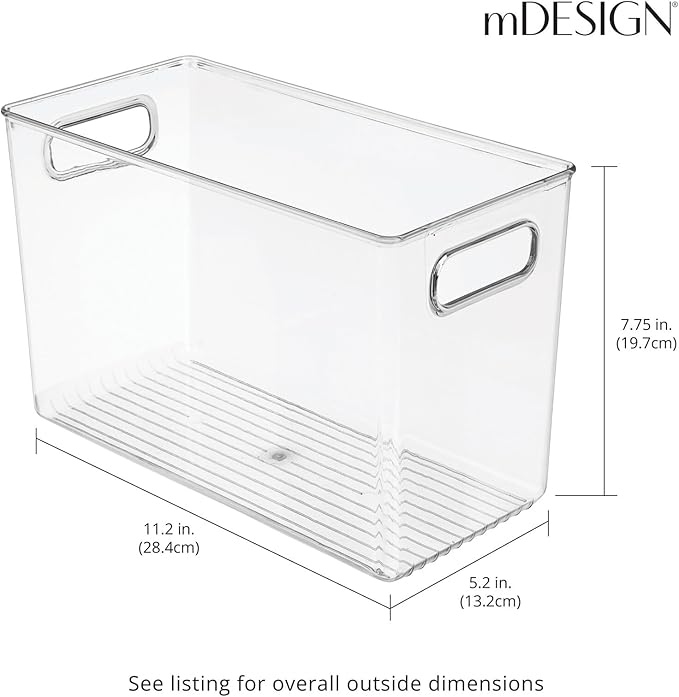 mDesign Plastic Food Storage Container Bin with Handles - for Kitchen, Pantry, Cabinet, Fridge/Freezer - Narrow for Snacks, Produce, Vegetables, Pasta - BPA Free, Food Safe - 4 Pack, Clear