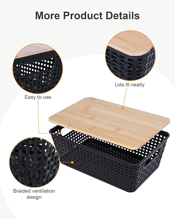 Storage Bins with Lids 10 Packs, Plastic Storage Bins with Bamboo Lids for Pantry Organization and Storage Containers for Shelves Drawers Desktop Closet Playroom Classroom Office Home, Black
