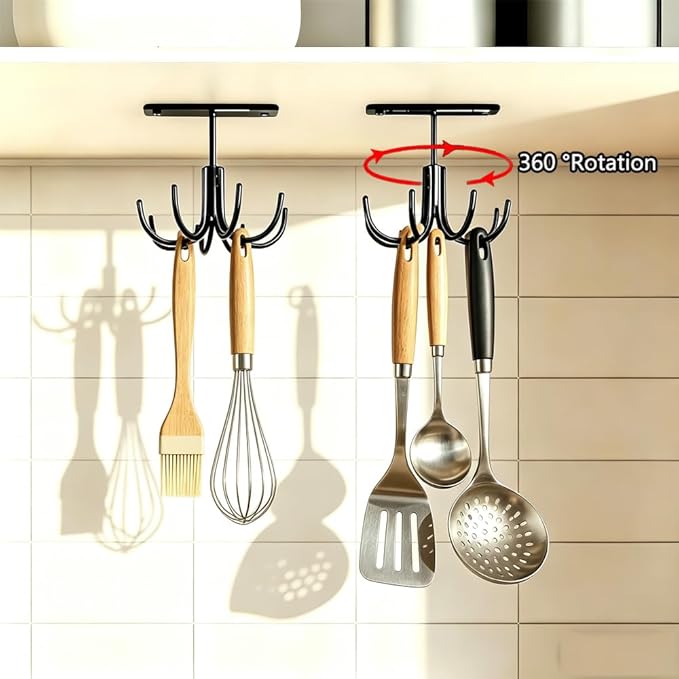 Metal Under Cabinet Kitchen Utensil Hooks,360° Rotating Kitchen Utensil Rack with 8 Hooks,Drilling Free Adhesive Utensils Hanging Rack for Tools/Towel/Knife (Black)