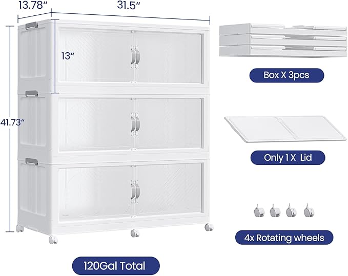 40Gal/120QT 3-Tiers Extra Large Stackable Storage Bins with Lid