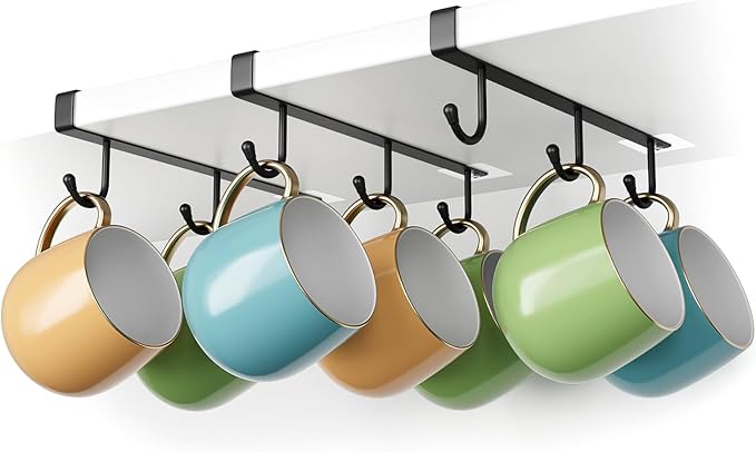 ECROCY Coffee Mug Holder Under Cabinet, 3pcs Coffee Cup Holder Only Fits Flat Shelf Without Any Lip, Clip-On Coffee Mug Organizer No Drilling Free Damage