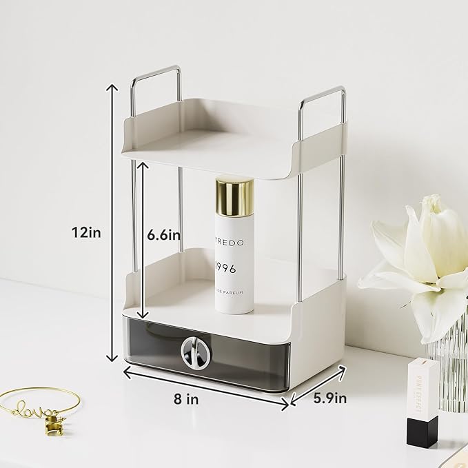 Small Vanity Organizer for Dresser & Countertop - Dorm & Home Office Makeup Storage (7.8"x5.9") with Metal Support, 2-Tier Design with Drawer for Skincare, Perfume, College & Apartment