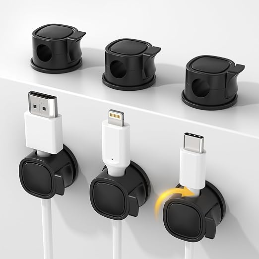 INCHOR Rotatable Cord Organizer 6Pack, Spring Cable Clips With Clasp Lock, No-Residue Adhesive Cable Organizer, Cord Holder for Nightstand Car Home Office (Black)