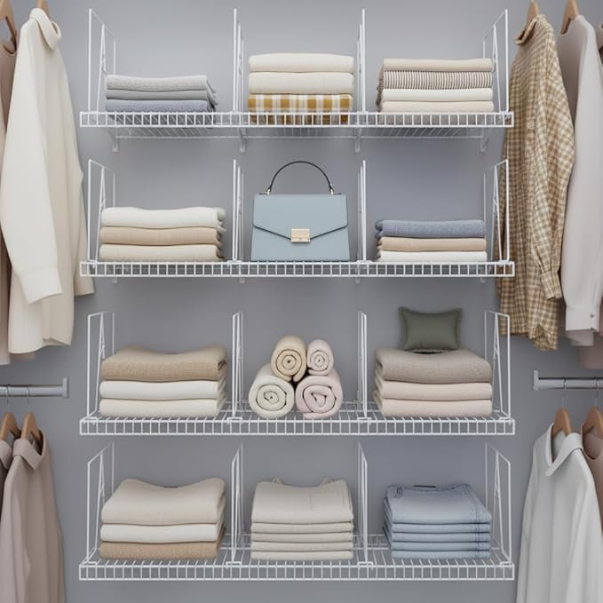 Wire Shelf Dividers - White Closet Organization & Storage Organizer - No Tool Shelf Divider for Wire Shelves - Metal Shelf Accessories – for 12“ Deep Wire Shelves – Tall 12” Height – 8 Pack
