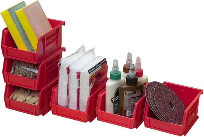 Akro-Mils 30210 AkroBins Plastic Storage Bins, Space-Saving Stackable Bins for Garage, Pantry, Craft Organization, 5" x 4" x 3", Red, 6-Pack
