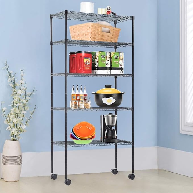 5-Tier Wire Storage Shelves with Wheels, 14x30x60, Black, Adjustable Racks