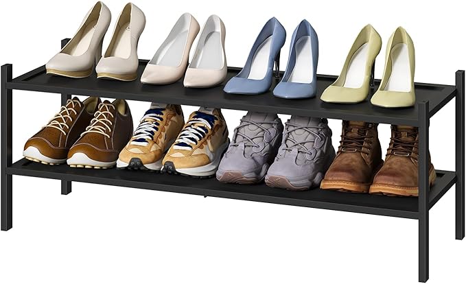 kiplant Black Shoe Rack, 2-Tier Long Shoe Rack, Stackable Bamboo Wood Shoe Shelf for Closet, Entryway & Hallway