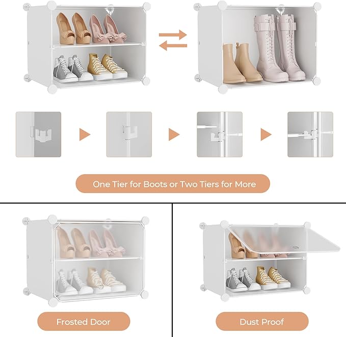 Shoe Rack 8 Tier Shoe Storage Cabinet with Door 32 Pair Tall Shoes Rack Organizer Free Standing Expandable Stable Plastic Easy Assembly Shoes Shelf for Closet Hallway Entryway Bedroom White