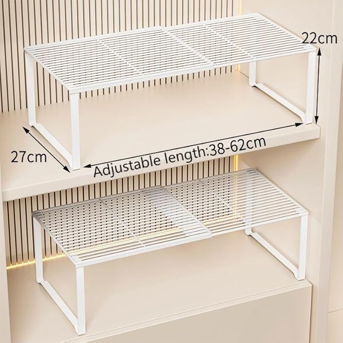 Extendable Metal Wire Shelf Organizer - Adjustable 15-24.4in Length, Stackable Storage Rack for Kitchen/Pantry/Bathroom/Shoe Cabinet/Tool Closet (2, White)