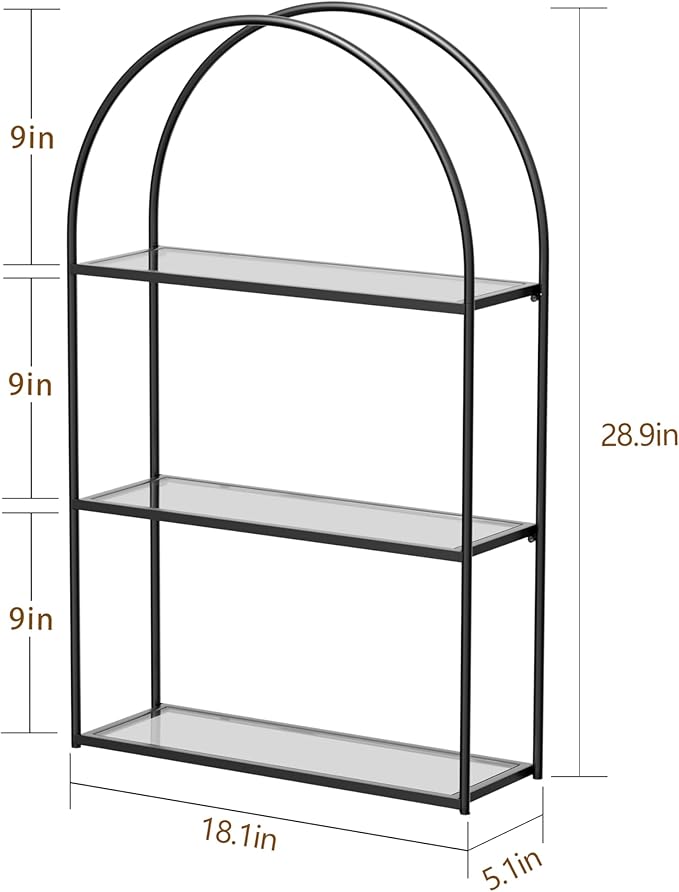 Crofy Black Arched Frame Wall Shelf, Decorative 3 Tier Bathroom Wall Shelf with Transparent Tempered Glass Shelves and Robust Storage Capacity, 5.1" D x 18.1" W x 28.9" H
