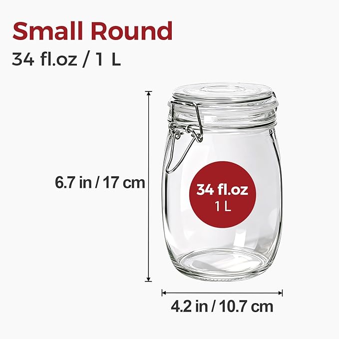 34oz 6 Pack Glass Jars with Airtight Lids - Round Food Storage Canisters for Pantry Organization, Ideal for Sugar, Cookies, Candy, Coffee, Nuts & Dry Goods | Thick Glass,BPA-Free