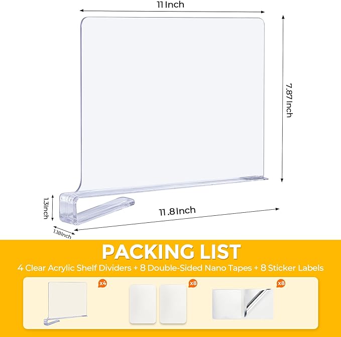 JOY DECOR 12 Pack Acrylic Clear Shelf Dividers for Closets Organizer and Storage Adjustable Vertical Wood Shelf Closet Separators for Clothes,Book,Bags in Bedroom and Kitchen