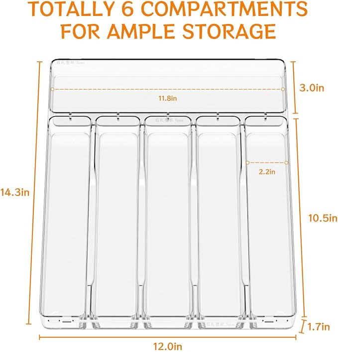 Clear Large Silverware Organizer 12 inch Wide for Kitchen Drawers