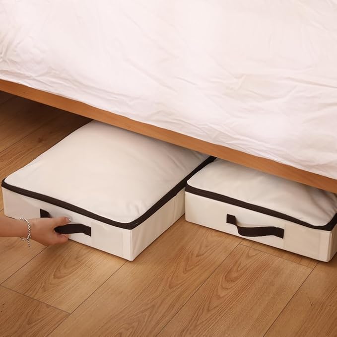 iwill CREATE PRO 2Pcs Under-Bed Storage Bins with Sturdy Handles, Toy Storage Organizers, Clothes Storage, Rigid Folding Under Sofa Storage for Clothing, Quilts, Wrapping Paper (Beige, 29.5*15*4")