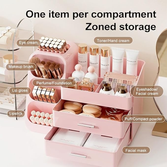 Makeup Organizer with Drawers,Large Capacity Countertop Organizer for Vanity,Bathroom and Bedroom Desk Cosmetics Organizer,Easy To Storage Skincare,Brushes,Lotions (All Pink)