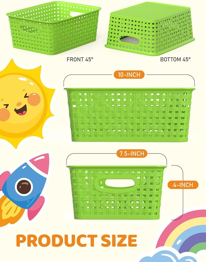 6-Pack Plastic Small Shelf Storage Weave Baskets Organizing for Cabinets, Green