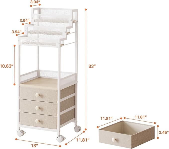 Bathroom Stand, Makeup Organizer Storage with Drawers, 13 Inch Large Floor Rolling Skincare Organizer Cart, 3-Tier Vanity Tray Stand for Cosmetics, Nail Polish, Perfume Display Cases Holder