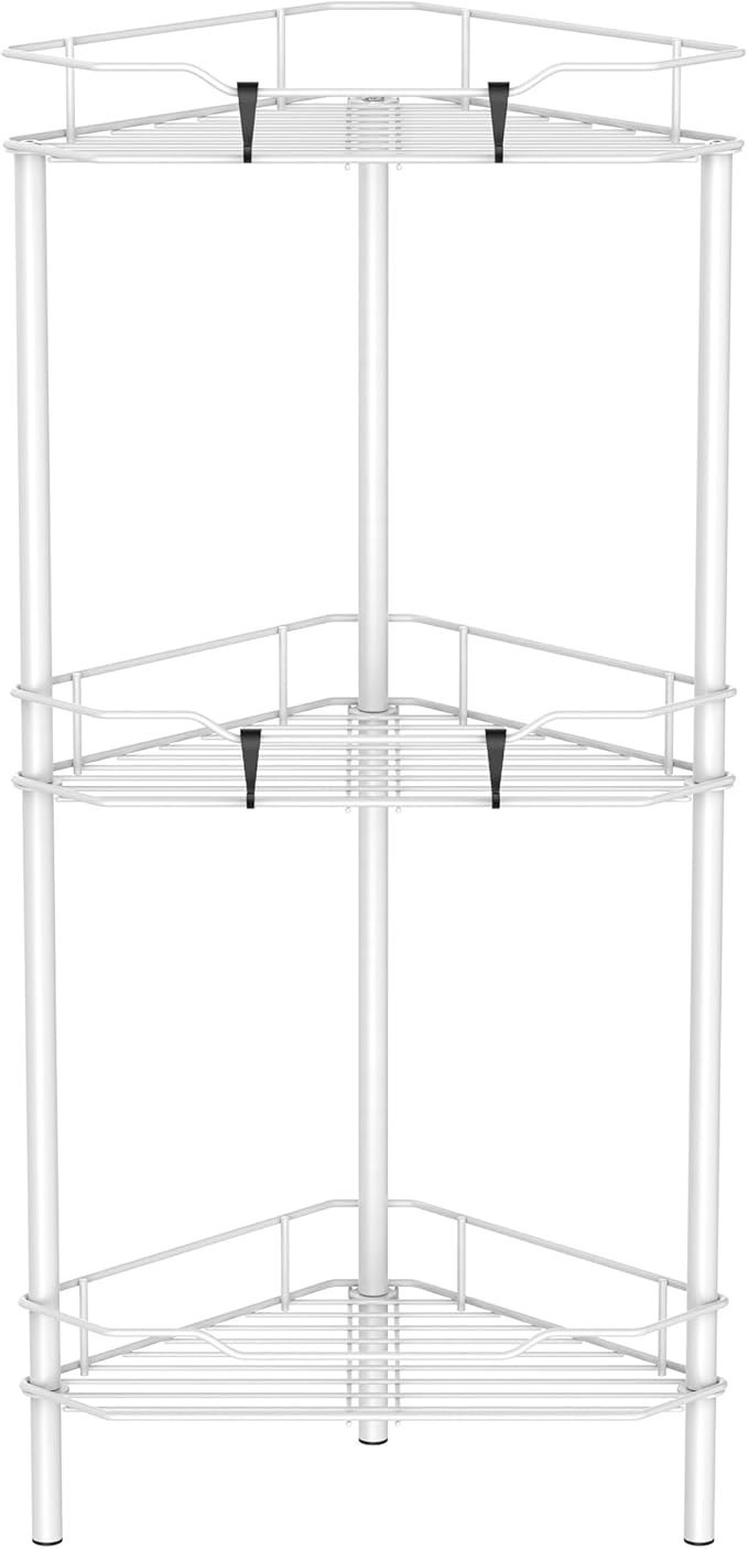 3 Tier Floor Standing Corner Shower Caddy Organizer Shelf with Hooks, White