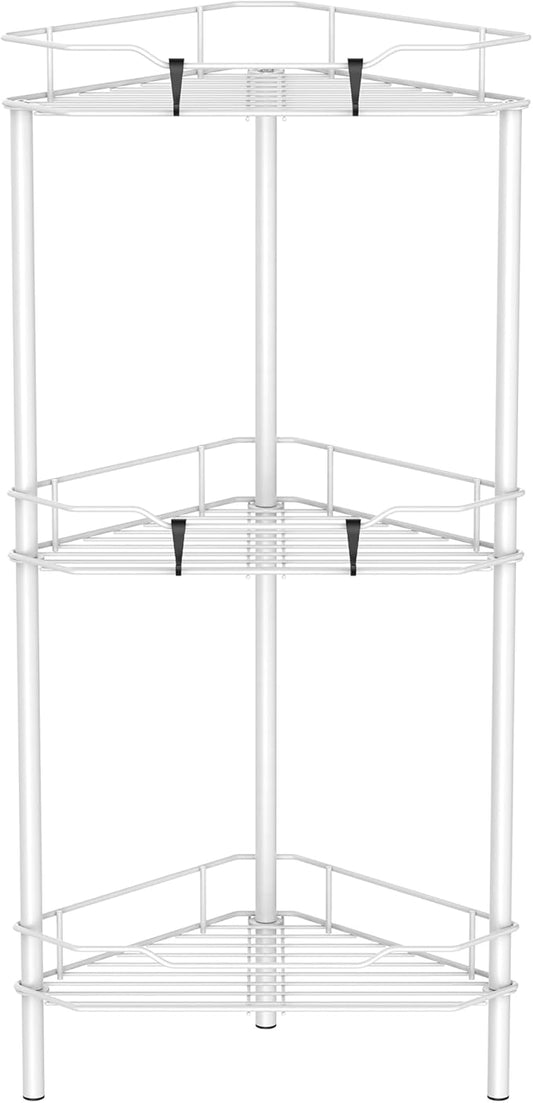 3 Tier Floor Standing Corner Shower Caddy Organizer Shelf with Hooks, White