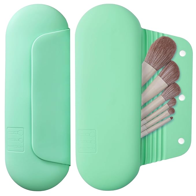 AGIKET Silicone Makeup Brush Holder Travel Cosmetic Bag：Soft Portable Cosmetic Face Brushes Holder with Upgrade Anti-Fall Out Magnetic Closure, Large Travel Makeup Brush Case - Green