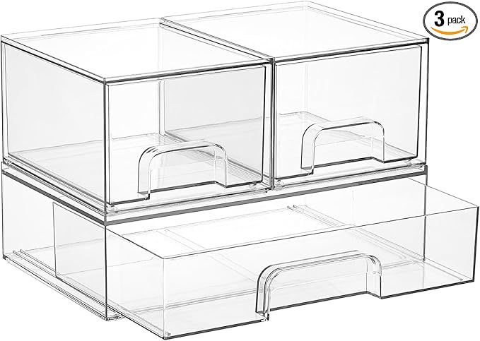 Stackable Storage Drawers Set of 3, Clear Plastic Organizer Bins for Makeup