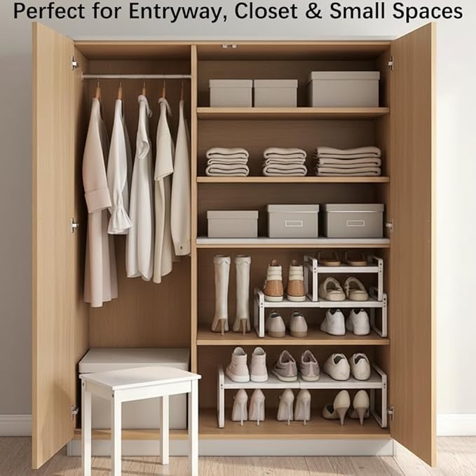 Expandable 1-Tier Metal Shoe Rack (H:10"), Adjustable Width 14.9"-23.6", Heavy-Duty Stackable Free-Standing Shoe Shelf for Closet & Entryway – 2-Pack Set