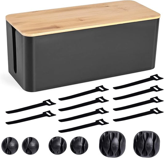 Cable Management Box - Wooden Style Cord Organizer Box to Hide Wires & Power Strips | Desk Computer Cable Organizer Box | Safe ABS Material | 12.6" (L) x 5.3" (W) 4.9" (H) | for Home & Office - Black
