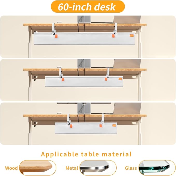 Under Desk Cable Management Tray with Clamp, No Drill 48" Cord Organizer for Desk, Desk Cable Management Fabric Tray for Standing Desks, Ideal for Home & Office - White