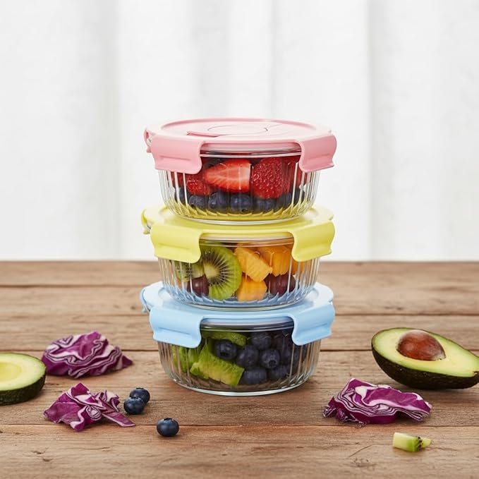 12oz Round Glass Food Storage Containers with Lids and Foldable Cutlery, 1.5 cup Round Glass Lunch Containers, Small Food Bowls for Office, School, Outdoor, Microwave, Freezer Safe -4 Pack