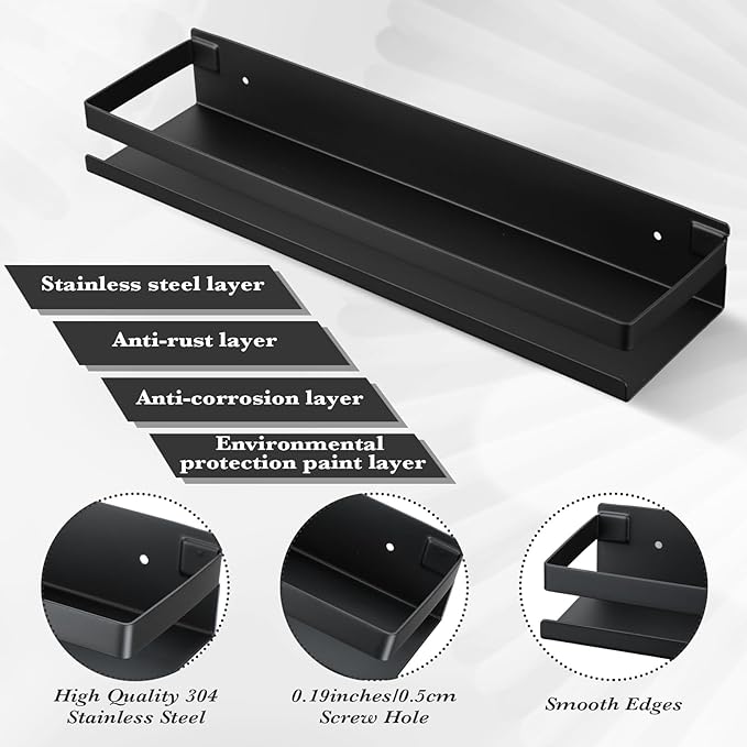 Lallisa 2 Pieces Stainless Steel Shelf Bathroom Shower Floating Shelves Wall Mounted Shower Caddy Basket Shelf Storage Organizer Shelves for Bathroom, Kitchen, Living Room(15.75 Inch/ 40 cm,Black)