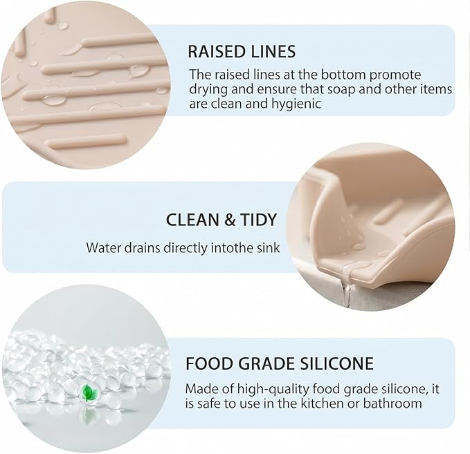 MicoYang Silicone Soap Dish with Drain Spout — Self-Draining Sink Organizer Tray for Bathroom & Kitchen, Holds Bar Soap, Sponges & Dispensers, Non-Slip & Dishwasher Safe, Tapioca (Small, 4.9"×3.2")