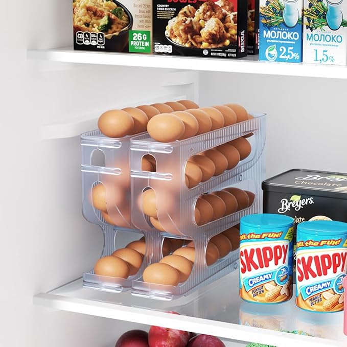 Sotfamily Egg Holder for Fridge, Auto Rolling Egg Dispenser for Refrigerator, Kitchen - Space-saving Egg Roller/Organizer/Storage/Container/Tray - 1 Pack for 28 Large Size Eggs(Frosted Clear)