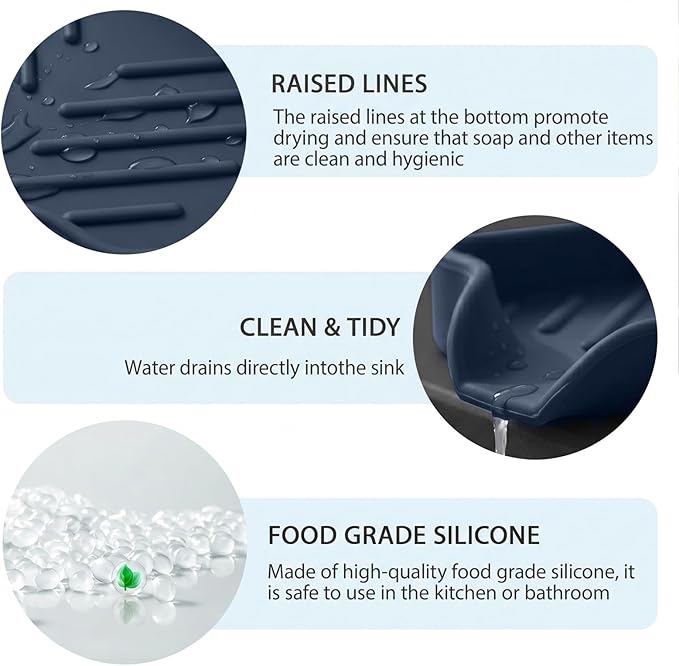 MicoYang Silicone Soap Dish with Drain Spout — Self-Draining Sink Organizer Tray for Bathroom & Kitchen, Holds Bar Soap, Sponges & Dispensers, Non-Slip & Dishwasher Safe, Navy Blue (Small, 4.9"×3.2")