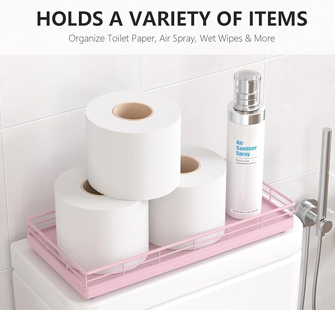 Toilet Paper Basket Organizer, Oak Wood Toilet Tank Tray with Metal Frame, Pink