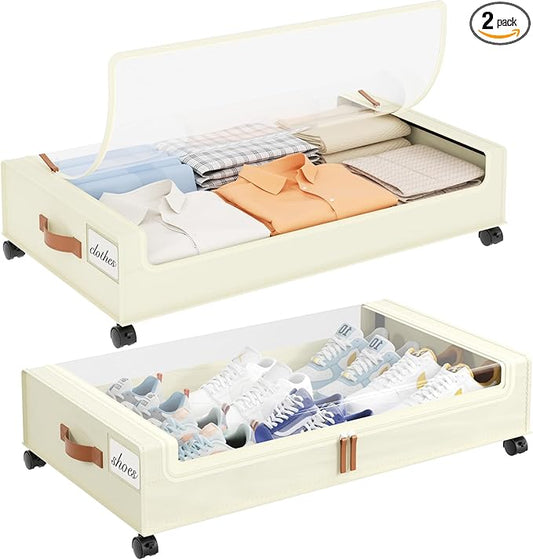 Yecaye Under Bed Storage with Wheels, 2 Pack Under the Bed Storage Containers with Lids & Label, XXL 60L Rolling Underbed Storage Drawers for Clothes, Blankets, Shoes, Beige