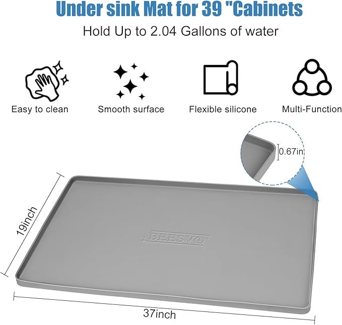 Under Sink Mat for Kitchen Waterproof, 37" x 19" Silicone Under Sink Liner Kitchen & Bathroom Cabinet Protector Mats, Heavy Duty Flexible Under Sink Drip Tray with Lip, Cool Grey