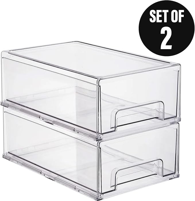 Clear Plastic Stackable Storage Drawers Bins, Perfect for Kitchen Pantry Organization and Storage, Under Sink Organizer, Pull Out Cabinet Organizer, Makeup, Bathroom Storage Containers for Organizing