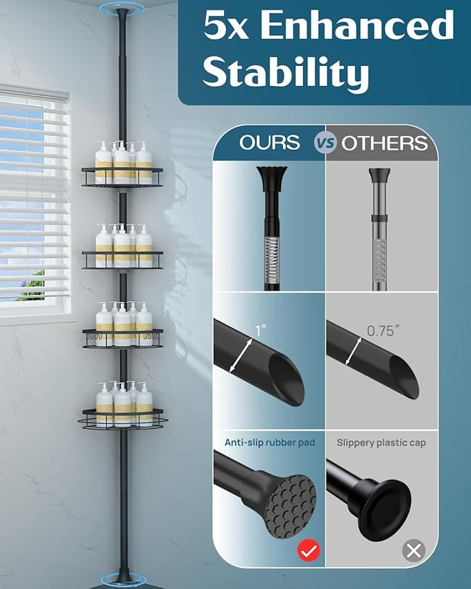 SEIRIONE Rustproof Shower Corner Caddy Organizer for Bathroom, 4-Tier Adjustable Bathroom Shelf with Tension Pole, Solid Rack Ideal for Bathtub Storage, 34 to 116 Inch Height, Black